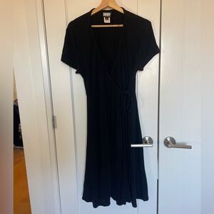 Vintage 90’s DKNY Black Wrap-Style Midi Dress with Tie Waist